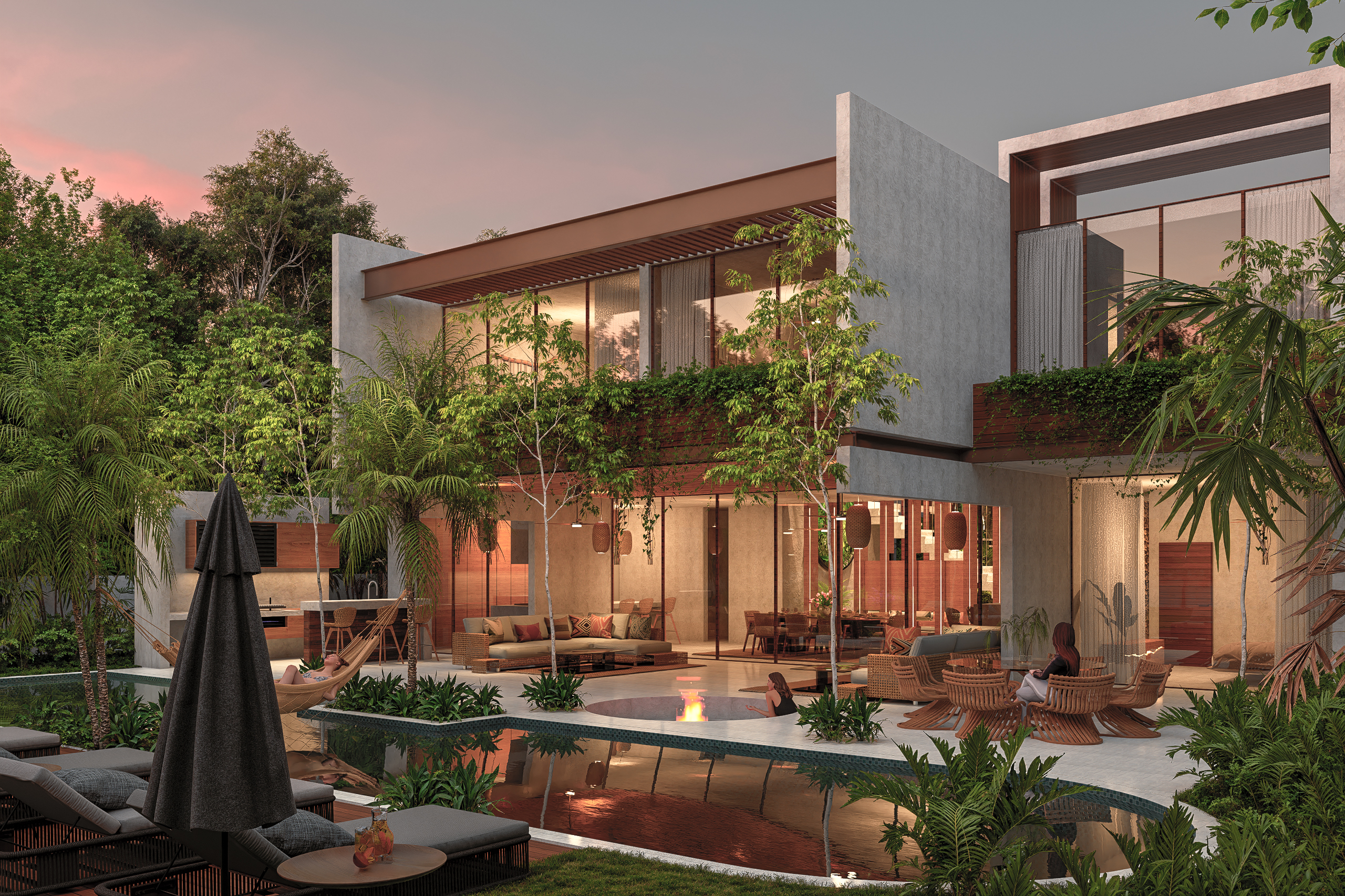 Akagami — Terrasse & piscine au coucher du soleil